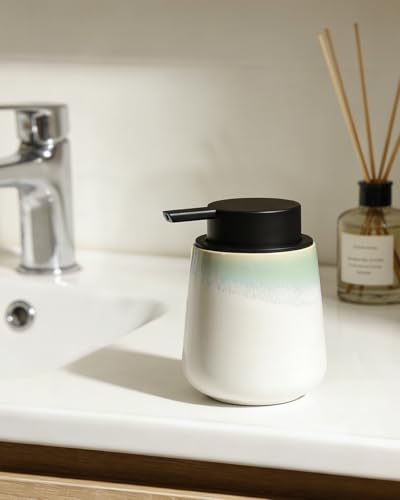 Bosilunlife Ceramic Bathroom Soap Dispenser - 12Oz Bathroom Countertop Kitchen Dish Soap Pump Dispenser Liquid Soap Dispenser - Matte White with Blue-Green Rim - color: Blue-green Rim