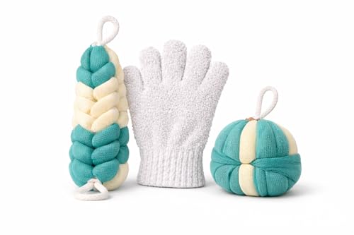 Ja'Kdrs Loofah and Exfoliating Glove Set, 2 Piece Bath Sponge Set (Teal & White) - color: Teal & White