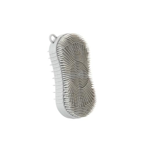Silicone Body Scrubber, Double Sided Exfoliating Brush with Soft Flexible Bristles, Scalp Massage and Shampoo Tool with Hanger Loop(Grey) - color: Grey
