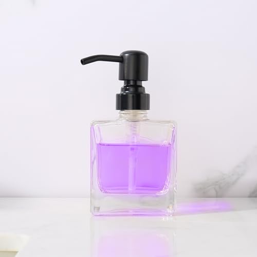 Square Bathroom Soap Dispenser Black, 8.4 oz Glass Bottles with Stainless Steel Pump Cube Liquid Hand Soap Dispenser Kitchen - color: Black, size: 8.4oz-Square