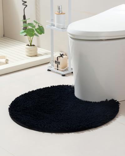 Soft Shaggy Round Toilet Rug U Shaped for Bathroom, Excellent Absorbent Contour Toilet Mat Machine Washable, Non-Slip Microfiber Chenille Bathroom Rugs 24" Black - color: Black