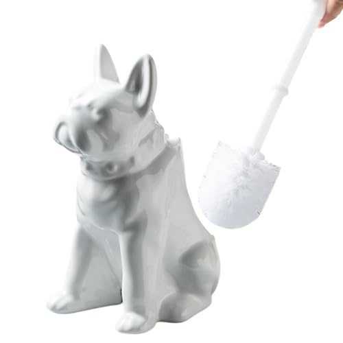 Comeon Ceramic Dog White/Black Toilet Brush and Holder Set, Plastic Handled Scrub Brush for Bathroom Cleaning,13.7"*6.3" (White) - color: White, size: Dog