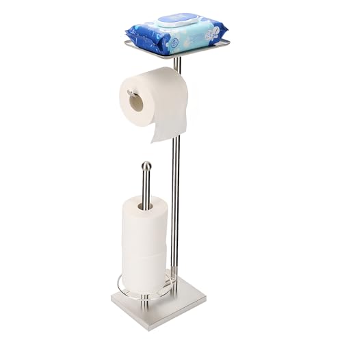 Toilet Paper Holder with Shelf, Toilet Paper Stand with Storage for Holding Extra 3 Rolls, Freestanding Toilet Paper Holder for Bathroom (Brushed Nickel with Metal Base) - color: Brushed Nickel With Metal Base