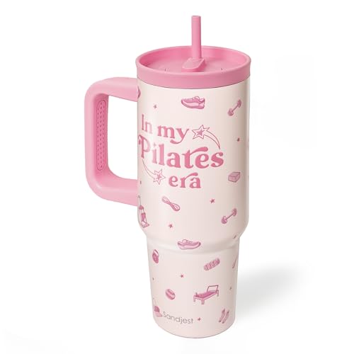 SANDJEST Pilates Stainless Steel Locking Lid Silicone Straw Tumbler with Handle 40oz, in My Pilates Era Insulated Stainless Steel Travel Cup for Women Coach Trainer, Gift Idea for Birthday Christmas - color: Pilates