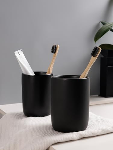 Bosilunlife Soap Dispenser and Toothbrush Holder Set - Dish Hand Soap Dispenser Bathroom Set Ceramic Bathroom Counter Soap Toothbrush Holder Set Black Bathroom Accessories Set - color: Black-cylinder Liquid Pump & Toothbrush Holder