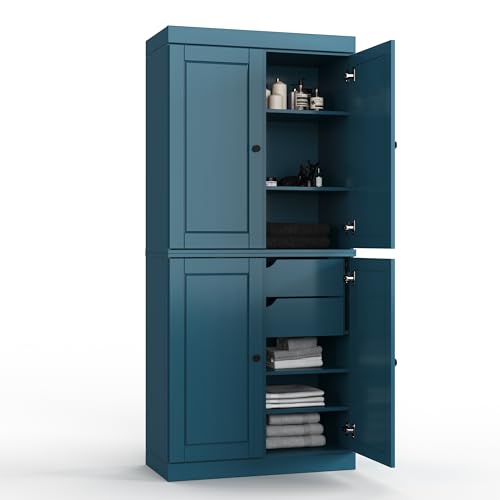 Palace Imports Solid Wood Tall Bathroom Pantry Cabinet with 4 Wooden Doors & Adjustable Shelves, Teal Blue - 100% Eco-Friendly, Renewable, Space-Saving Storage, 71.5" H x 32" W, Made in Brazil - color: Teal Blue