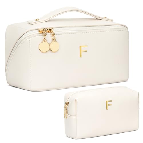 Birthday Gifts for Women Teen Girl, Personalized Initial Makeup Organizer Bag Set, Open Flat Travel Cosmetic Bag With Clear Divider and Handle(Beige,F) - color: Beige, style: F
