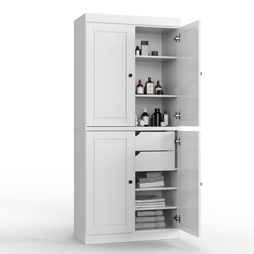 Palace Imports Solid Wood Tall Bathroom Pantry Cabinet with 4 Wooden Doors & Adjustable Shelves, White - 100% Eco-Friendly, Renewable, Space-Saving Storage, 71.5" H x 32" W, Made in Brazil - color: White