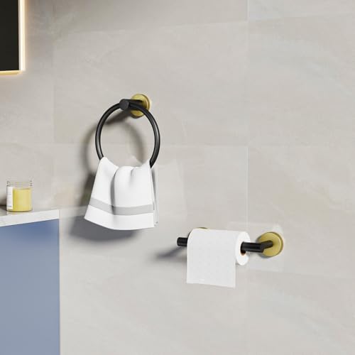 Black and Gold Toilet Paper Holder & Towel Holder, Bathroom Hardware Set-SUS304 Stainless Steel Double Post Pivoting Tissue Roll Holder and Hand Towel Ring Set for Bathroom, RV - color: Black Gold