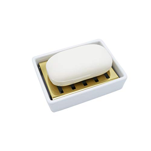 Ceramic Soap Dish Gold Stainless Steel Soap Holder for Shower and Bathroom Double Layer Draining Soap Box