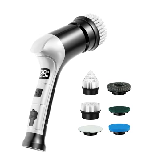 Electric Spin Scrubber, Cordless Household Cleaning Brush with 6 Replaceable Heads, 3 Speeds, LED Display, Lightweight Handheld Power Scrubber for Cleaning Stove/Bowl/Sink/Corner/Tile/Grout-Black - color: Black