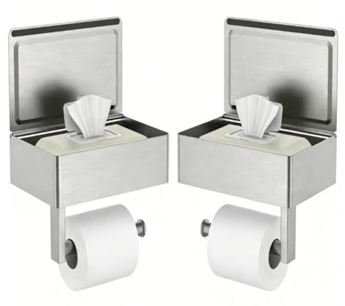 FORIOUS Toilet Paper Holder with Shelf, Sanitary Napkin Receptacle Tampon Holder, Wall Mount Toilet Paper Holder with Storage, Flushable Wipes Dispenser Fits for Bathroom Commercial(Brushed Nickel) - color: Stainless Steel, size: 2 Pack-8" (L)