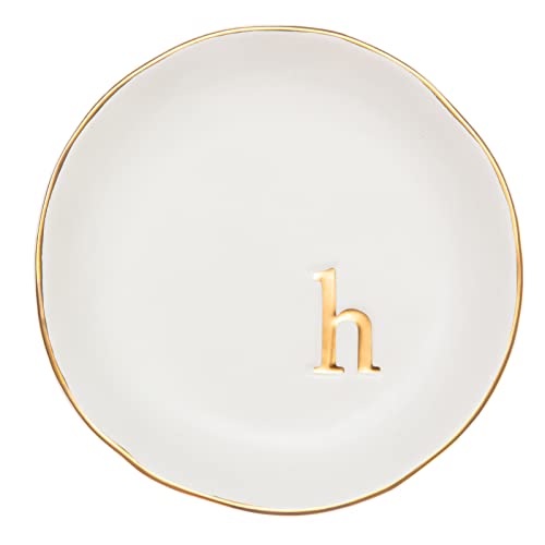 COLLECTIVE HOME Ceramic Jewelry Tray, Trinket Dish, Gifts for Women (H) | Mother's Day, Birthday, Christmas, Engagement Gifts, Vanity, Nightstand Decor, Embossed Gold Monogram Ring Dish with Gift Box - color: H