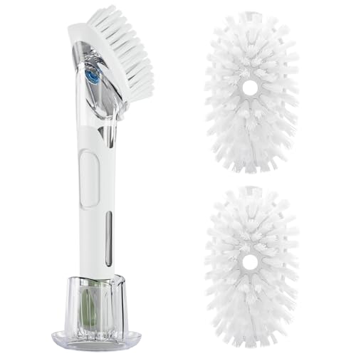 RIMAY Dish Brush with Soap Dispenser Storage Set, Soap Dispensing Dish Brush with 2 Pcs Brush Refills & Holder, Kitchen Dish Washing Wand with Handle for Dishes/Pans/Pots/Sink (White) - color: White-green