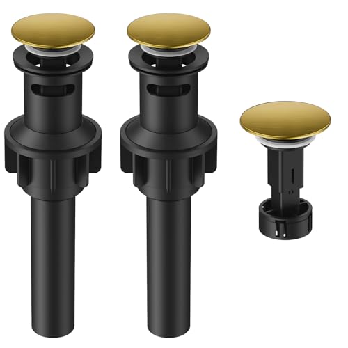 Bathroom Sink Drain with Overflow, Hurran Universal Bathroom Sink Stopper for Bathroom Vanity Vessel Sink, Plastic Pop-up Sink Drain with Hair Catcher Anti-Clog Strainer, 2 Pack, Brushed Gold | Hurran Bathroom Sink Stopper for 1.65"-1.9" Hole, Plastic Pop