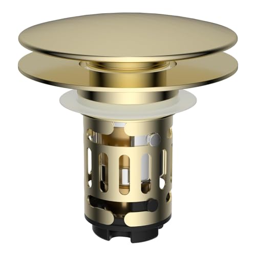 Hibbent Upgraded 3 in 1 Bathroom Sink Drain Strainer, Pop Up Sink Stopper with Big Push Cap, Anti-Clogging Metal Filter Basket,Sink Plug with Hair Catcher for 1.1''~2.36'' Basin, Brushed Gold - color: Brushed Gold