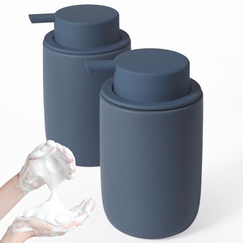 INGOFIN Ceramic Foaming Soap Dispenser Set, 2 Pack (12 oz) Bathroom Foam Hand Soap Dispenser with Pump, Hand and Dish Dispenser Set with 8 Pcs Clear Stickers,for Kitchen- Matte Blue - color: Blue-foam