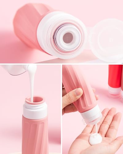 Mrsdry Travel Size Toiletries 8 Pack, TSA Approved 3oz Silicone Squeeze Bottles & Cream Jars with Clear Travel Bag - color: Cherry Red, size: 3oz bottle 3oz jar
