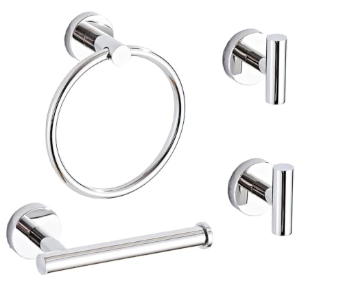 4-Piece Polished Chrome Bathroom Hardware Set - Toilet Paper Holder and Hand Towel Holder, Towel Ring Wall Mounted, Stainless Steel Accessories Set - Silver - color: Polished Chrome