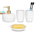 Bathroom Accessories Set, 4pcs Ceramic with Embossed Design Look Sets Bathroom Soap Dispenser with Rust-Proof Plastic Pump 13.5oz & 2Pcs Ceramic Cup, 1Pcs Soap Dish - color: White-gold