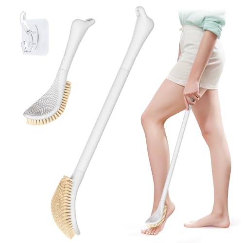 New Foot Brush with Adjustable Long Handle, 3-in-1 Foot Scrubber for Wet or Dry Brushing, 10.2’’- 27.5’’ Foot Scrub Brush for Senior, Pregnant, Disabled, or Injured, Gift-Box Packed(White) - color: White