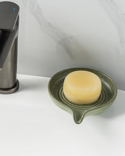 Soap Dishes, Ceramic Shower Soap Dish with Waterfall Design Bar Soap Holder Self Draining Soap Saver for Shower, Bathroom, Sink, Kitchen and Countertop, Green - color: Green, size: Round
