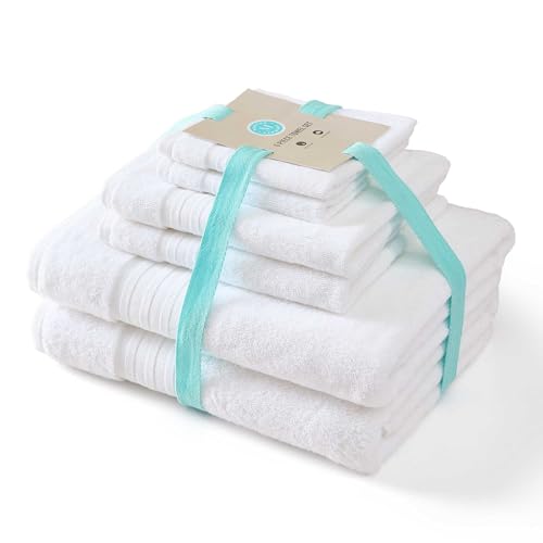 Martha Stewart - Bath Towels, Soft & Absorbent 100% Cotton Towels, Plush 700 GSM, 6-Piece Bathroom Towel Set with Textured Dobby Weave (Skyland Manor White) - color: Skyland Manor White