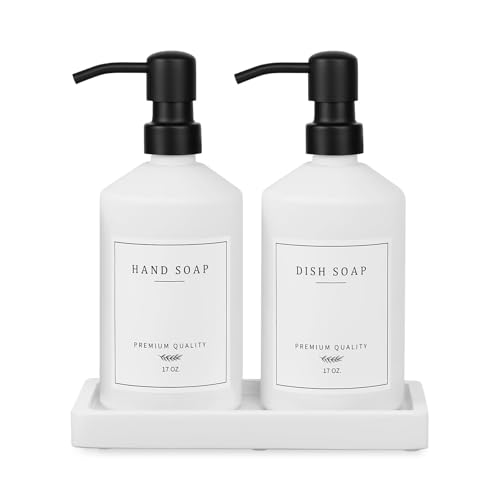 White Glass Kitchen Soap Dispenser Set, 17 OZ Hand and Dish Soap Dispenser Set with Rustproof Stainless Pump, 14 Waterproof Labels, Non-Slip Tray, Modern Bathroom Accessories(White Bottle/Black Pump) - color: White Bottle + Black Pump