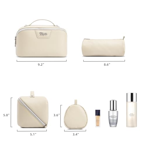 BOYATU Travel Makeup Bag Cosmetic Bags for Women: Large Capacity 3 Pcs Set Make up Bag with Compartments - Waterproof Vegan Leather Toiletry Organizer Bags with Handle (L27Off-white) - color: L27Off-white