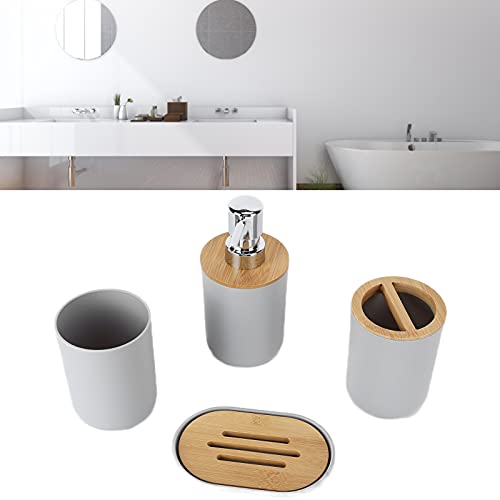 Set of 4 Complete Bathroom Accessories, Bathroom Set with Toothbrush Holder, Dish, Lotion Dispenser and Cup, in Plastic + Bamboo(Grey) - color: Grey