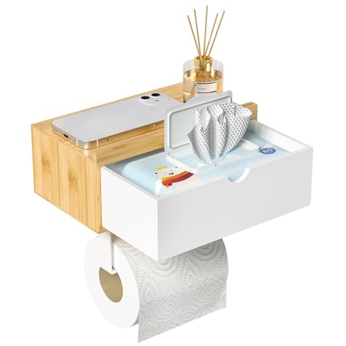 Domax Standard 8.46" Bamboo Toilet Paper Holder with Shelf and Storage Drawer - Wall Mount or Adhesive Bathroom Organizer for Tampons, Cotton Swabs, Wipes or More, White+Nature - color: Nature+white