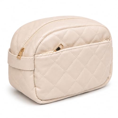 Travel Makeup Bag for Women | Quilted 9 x 4.5 x 6 in PU Leather Double-Layer Cosmetic Organizer with Mesh and Zipper Pockets, Travel Toiletry Bag, Beige - color: Quilted