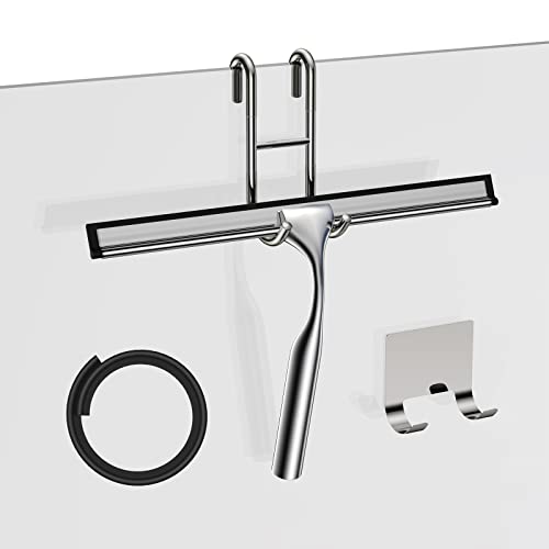 Stainless Steel Squeegee for Shower Glass Doors, 10-Inch All-Purpose Squeegee with Replacement Blade and Matching Hooks Holder, Silver - color: Silver, size: 10-inch