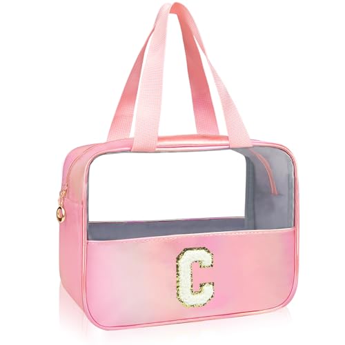 Initial Clear Makeup Bag Personalized Pink Clear Cosmetic Bag, Cute Large Make Up Bags Organizer Bag, Travel Toiletry Bag for Women Girl Gifts C (Pink) - color: Pink, style: C