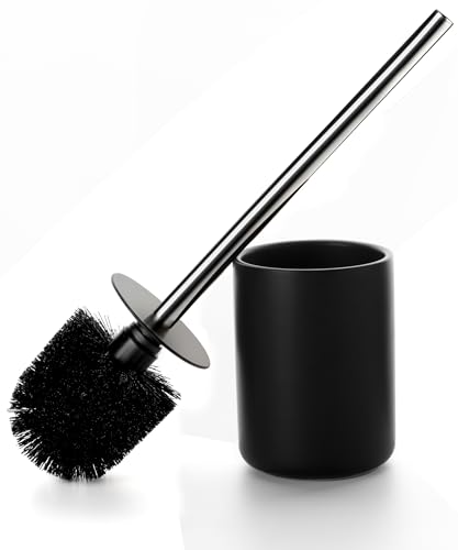 Ceramic Toilet Brush & Holder Set - Freestanding Deep-Cleaning Toilet Bowl Cleaner Brush, Stainless Steel Handle, Small & Sturdy for Storage, Easy to Clean, Non-Scratching - color: Matt Black
