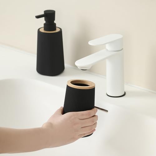 YAUKPH Bathroom Accessories Set 2 Piece Soap Dispenser and Toothbrush Holder for Bathroom Countertop Striped Black and Bamboo - color: Striped Black and Bamboo