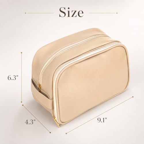 Double Layer Travel Makeup Bag for Women | 9.1L x 4.3W x 6.3H in Faux Leather Cosmetic Organizer for Makeup, Skincare and Toiletries, Brown - color: Double Layer