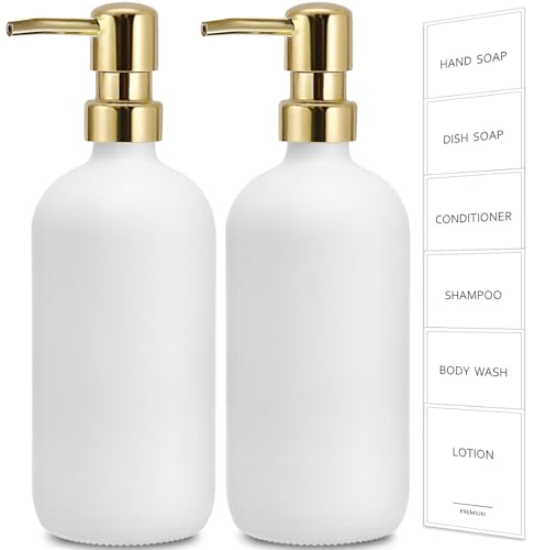 GMISUN White Soap Dispenser, 2 Pack Glass Hand Soap Dispensers Bathroom with Gold Pump, 17 Fl Oz Dish Soap Dispenser Set for Kitchen, Refillable Modern Liquid Soap and Lotion Dispensers Bottle - color: White Bottle + Golden Pump