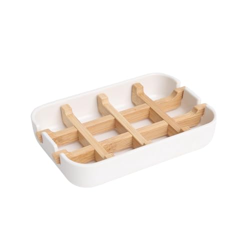 Bamboo Fiber Soap Holder & Dish Combination, White | Bathroom Bar Soap Holder, Sink Deck, Bathtub, Shower Tray - color: White