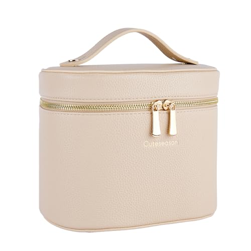 Large Makeup Bag Organizer, PU Leather Makeup Case with Removable Dividers, Waterproof Travel Cosmetic Bag(Light Khaki) - color: Light Khaki