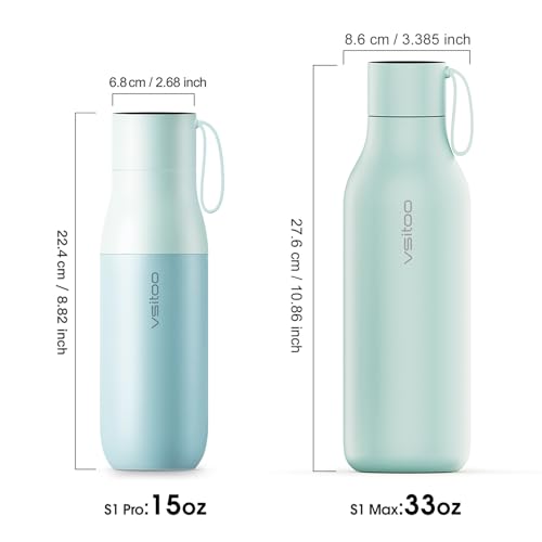 VSITOO S1 Pro 15oz Insulated Stainless Steel Self-Cleaning Water Bottle | Mini 15oz Insulated Bottle With Auto Self-Cleaning, App or Touchscreen Control, Temp Display, 30-Day Battery & 24H Cold - color: Blue, size: 15 Ounces