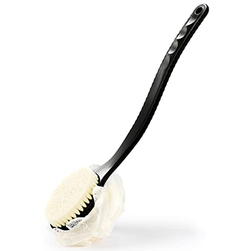 Shower Body Brush with Bristles and Loofah,Back Scrubber Bath Mesh Sponge with Curved Long Handle for Skin Exfoliating Bath, Massage Bristles Suitable for Wet or Dry, Men and Women (Black) - color: Black