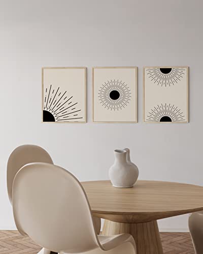 HAUS AND HUES Boho Wall Art - Set of 3 Minimalist Celestial Decor, Bedroom Wall Decor Above Bed, 3 Piece Framed Art, Black and White Abstract Art, Sun Prints (Beige Frame, 12x16) - color: Black Sun Rays, size: 12"L x 16"W, style: Beige Framed