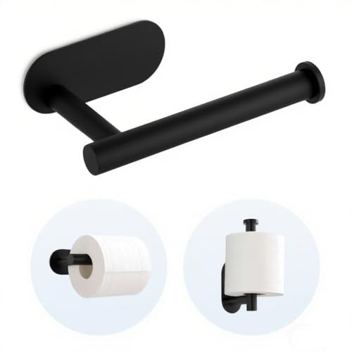 2 Packs Toilet Paper Holder No-Drill Self-Adhesive Towel Rack Stainless Steel Waterproof Rustproof Roll Paper Holder for Bathroom Washroom RVs (Black) - color: Black