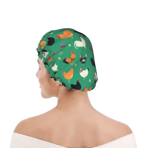 Funny Chickens Shower Cap For Women Reusable Waterproof Double Layers Bath Cap Hair Protection Elastic Ladies Spa Salon Shower Hat - color: Chickens