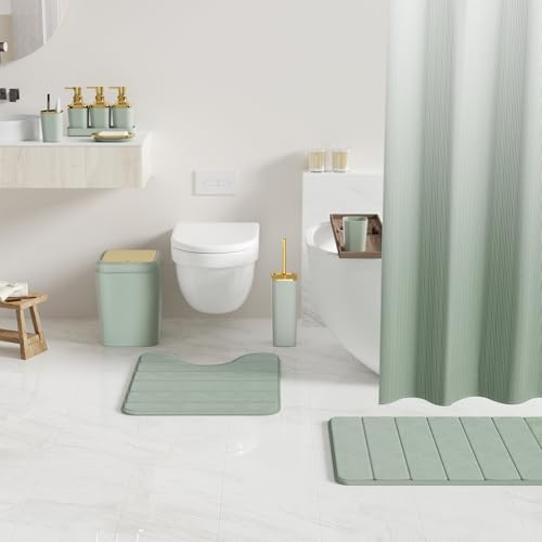 Bathroom Set - 26PC Bathroom Sets with Shower Curtain and Rugs, Bathroom Accessory Set, Sage Green Bathroom Set, Elegant Bathroom Accessories Set, Shower Curtain Set, Trash Can, Soap Dispenser - color: Sage Green & Gold, size: Bath Set+Shower Curtain+Bath