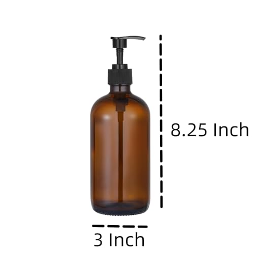 2pcs 16oz Amber Glass Jar Soap Dispenser with Black Plastic Pump, Bathroom Soap Dispenser Set for Farmhouse Home Kitchen Decor (Amber)