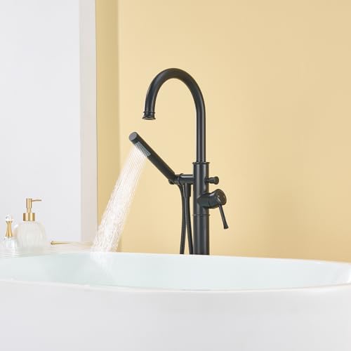 Wowkk Free Standing Tub Faucet Black Freestanding Bathtub Faucet Floor Mount Brass Bathroom Tub Filler with Hand Shower - color: Black, style: Modern
