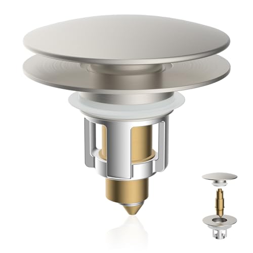 Universal Metal Bathroom Sink Stopper Hair Catcher Strainer, Brushed Nickel | Pop-Up Sink Drain Strainer with Detachable Filter, Drain Plug Fits 1.1"-2.36" US Basin, Large Cover Cap, Brass Bounce Core - color: Brushed Nickel