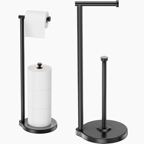 theaoo Heavy-Duty Toilet Paper Holder Stand – Modern Freestanding Bathroom Toilet Tissue Paper Roll Holder with Reserve & Storage, Stainless Steel (Black, Free Standing) - color: Black